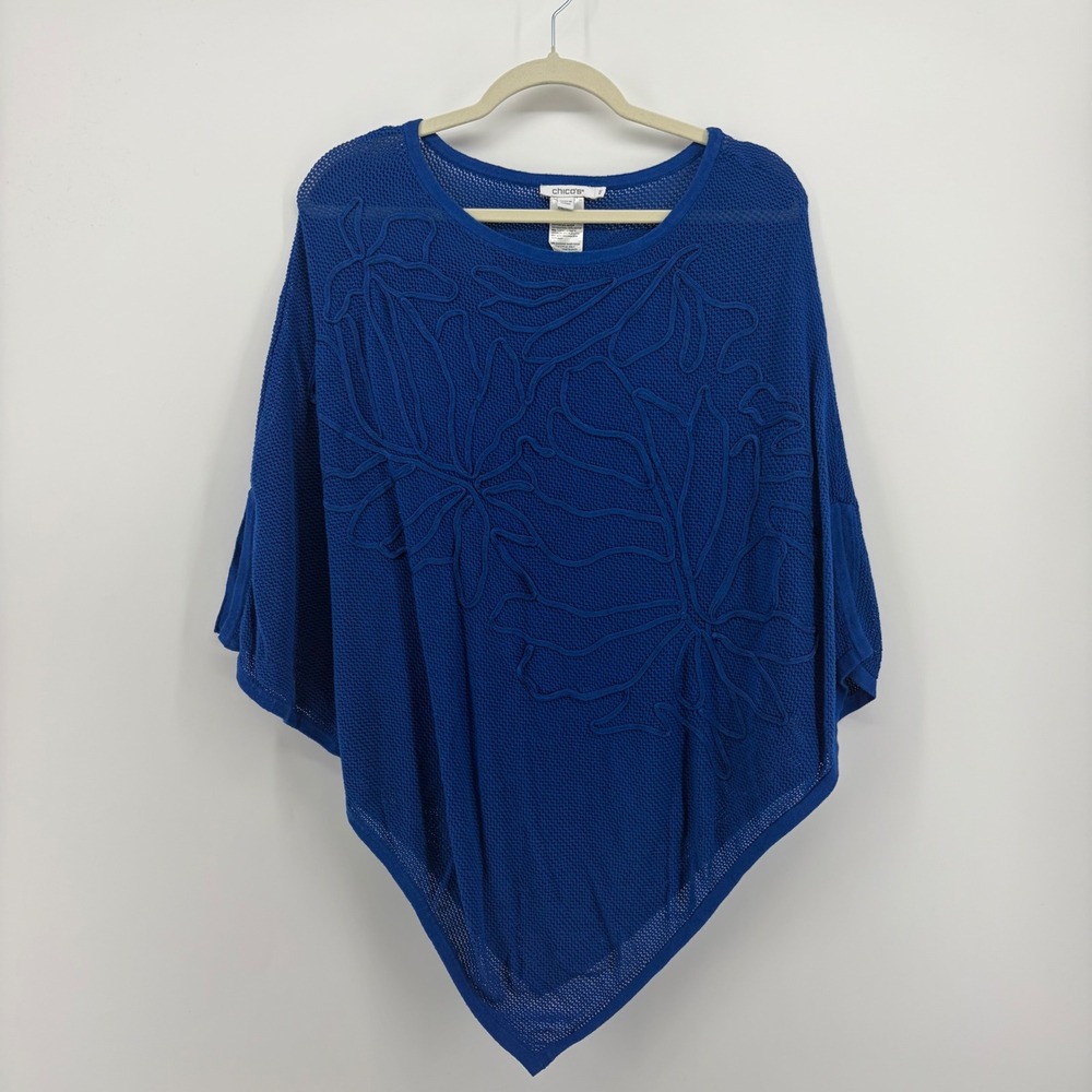 Chico's Womens S/M Blue Poncho Top Floral Embroidered Asymmetric Mesh Knit